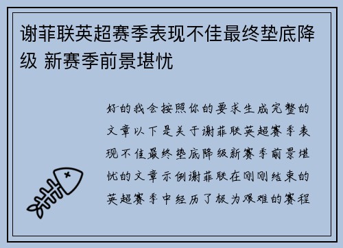 谢菲联英超赛季表现不佳最终垫底降级 新赛季前景堪忧 谢菲联英超赛季表现不佳最终垫底降级 新赛季前景堪忧