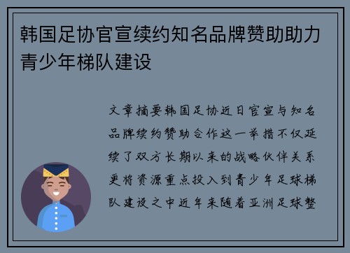 韩国足协官宣续约知名品牌赞助助力青少年梯队建设