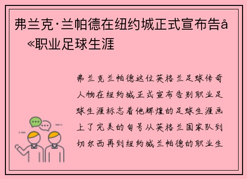 弗兰克·兰帕德在纽约城正式宣布告别职业足球生涯